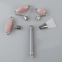 Meilleur cadeau : Ensemble de brosses nettoyantes pour le visage DIY, rouleau de jade en silicone, rouleau de quartz rose avec manche métallique, livré en coffret.