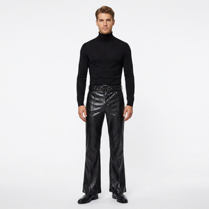 Pantalon large en cuir noir à taille haute pour homme avec ceinture, style formel, vêtements d'hiver - Product Image 1