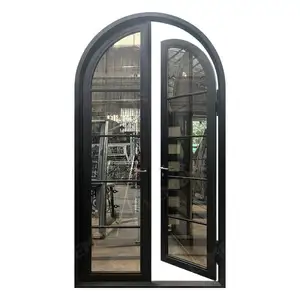 欧洲现代镀锌金属露台入口钢铸造双法国室内拱形锻铁玻璃门