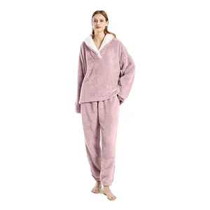 Sunhome Women's Fleece Pajamas Sets Fluffy Sleepwear Warm Sherpa Pullover Pants with Pockets swear for Winter