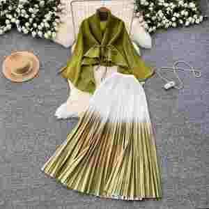 Ensembles décontractés d'automne pour femmes : Tunique à nouer et jupe plissée dégradée taille haute – Vêtements américains en gros - Product Image 1