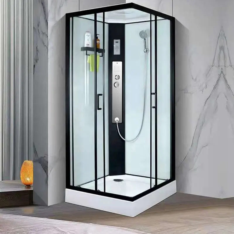 Ducha de vapor de aluminio negro de lujo, ducha de vidrio templado, cabina de ducha, baño con asiento, China
