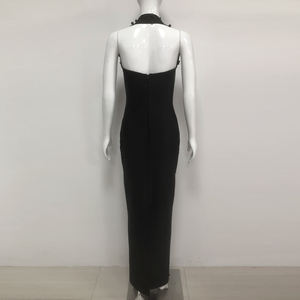 Abito Lungo <span class=keywords><strong>da</strong></span> <span class=keywords><strong>Sera</strong></span> <span class=keywords><strong>da</strong></span> <span class=keywords><strong>Donna</strong></span> di Lusso Nero Aderente con Allacciatura al Collo e Perline di Diamanti e Strass - Product Image 5