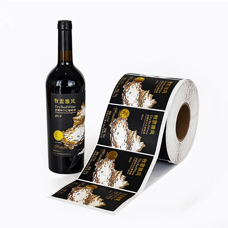 Etiqueta adesiva impermeável de luxo, folha de ouro personalizada, logotipo privado, garrafa de vinho tinto, marca de embalagem do produto, fabricante de impressão