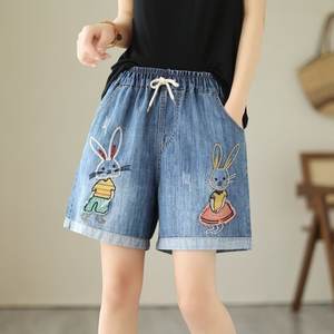 Pantalones cortos de pierna ancha con estampado de dibujos animados divertidos de estilo étnico para mujer, pantalones vaqueros enrollados con cintura elástica, pantalones cortos Y2k, pantalones cortos de mezclilla holgados - Product Image 6