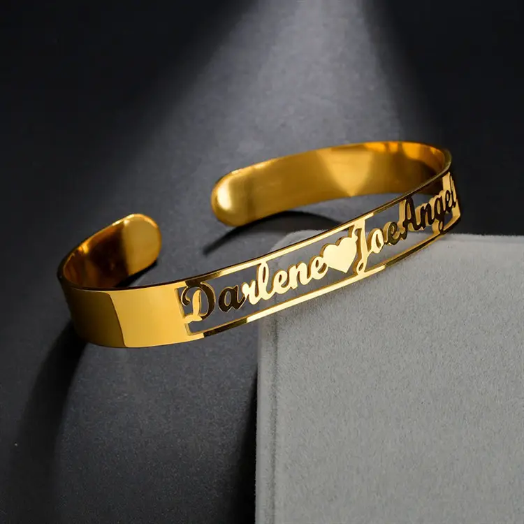 Wholesale customized logo letter name stainless steel wide cuff bangle bracelet gold