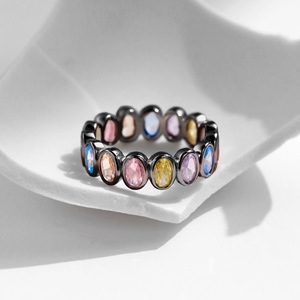 S925 Silver Eternity Band <b>Ring</b> Black Rhodium Plated <b>Crystal</b> Rhinestone Bezel Setting Unisex Bohemia Style Everyday Wear - Product Image 5