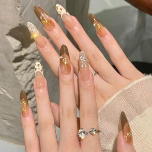 Faux ongles à presser en amande marron nude avec strass, réutilisables pour fêtes, mariages, usage quotidien, Thanksgiving et Halloween - Product Image 1