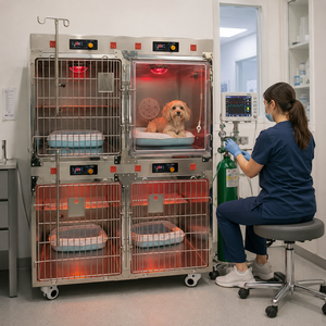 Gabbia Veterinaria per Terapia Intensiva Canina con Ossigenoterapia, Riscaldamento a Infrarossi, Porta Bloccabile e Asta <span class=keywords><strong>Portaflebo</strong></span> per Recupero Post-Operatorio - Product Image 1