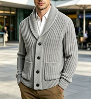 Cardigan Homme Automne Hiver en Maille Épaisse Côtelée à Col Châle, Boutons sur le Devant, Poches Plaquées, Tricot Pêcheur Lourd