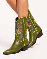 Bottes de cowgirl à bout pointu brodées de fleurs vert olive, style western, pour femmes, vente en gros