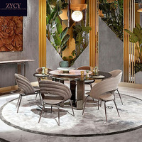 Ensemble de table à manger ronde en verre de luxe avec dessus rotatif en marbre-Chaises rembourrées en cuir en acier inoxydable pour la maison ou le restaurant