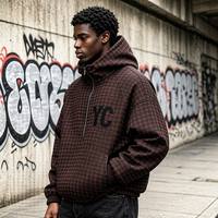 Blouson d'hiver matelassé et rembourré pour homme, coupe courte et oversize, style streetwear, avec broderie pied-de-poule personnalisée et demi-fermeture éclair, coupe-vent à capuche