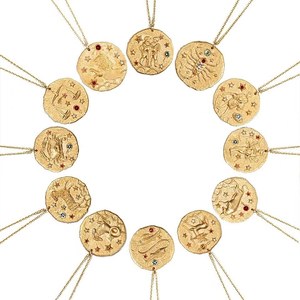 Collier pendentif disque rond en acier inoxydable plaqué or avec cristaux, motif <span class=keywords><strong>constellation</strong></span> étoilée et <span class=keywords><strong>signe</strong></span> du zodiaque NS1472 - Product Image 3