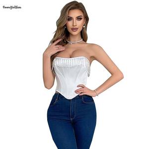 Tessuto satinato sovrastato corsetto da donna Crop <span class=keywords><strong>Top</strong></span> <span class=keywords><strong>bianco</strong></span> perla con perline da sposa con corsetto bustino con cerniera - Product Image 5