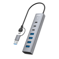 Hub USB 3.0 7 Port dengan Kabel Host Dual Male, 4 Port USB A Plus 3 Port USB C, Transfer Data 5Gbps, dan Port Input Daya Tipe C 5V