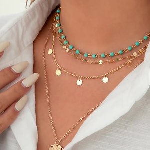 Collana turchese a strati in oro da donna collana lunga Multi Boho con ciondolo a moneta bohémien gioielli - Product Image 2