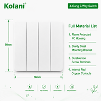 Interrupteur mural Kolani British Standard 90x86mm blanc mat, 4 boutons, 2 voies, 10AX 250V, norme britannique