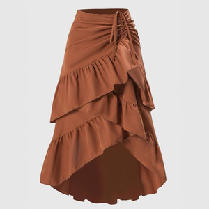 Nuova <span class=keywords><strong>Gonna</strong></span> Midi Estiva da Donna a Vita Alta con <span class=keywords><strong>Balze</strong></span> a Strati, Asimmetrica, Tinta Unita, Stile Casual Dolce da Spiaggia - Product Image 1