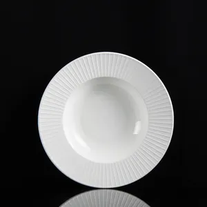 Italian Style Nordic White Hat Shape Embossed Striped Wide Rimmed Porcelain Pasta Soup Bowl Restaurant Ceramic Dinner Deep Plate