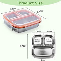 Boîte à goûter en acier inoxydable étanche de 600 ml avec 3 compartiments, récipient de stockage alimentaire divisé en métal pour les condiments à emporter