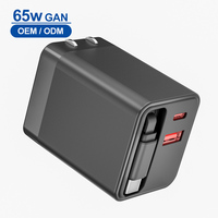 Chargeur de voyage OEM/ ODM 65W 2 ports USB A + C avec câble rétractable de type C PD QC 3.0 Adaptateur secteur à charge rapide pour iPhone