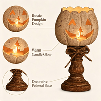Lanterne à bougie sur piédestal, blanc vieilli, en forme de citrouille, pour décorations de table d'automne et d'Halloween