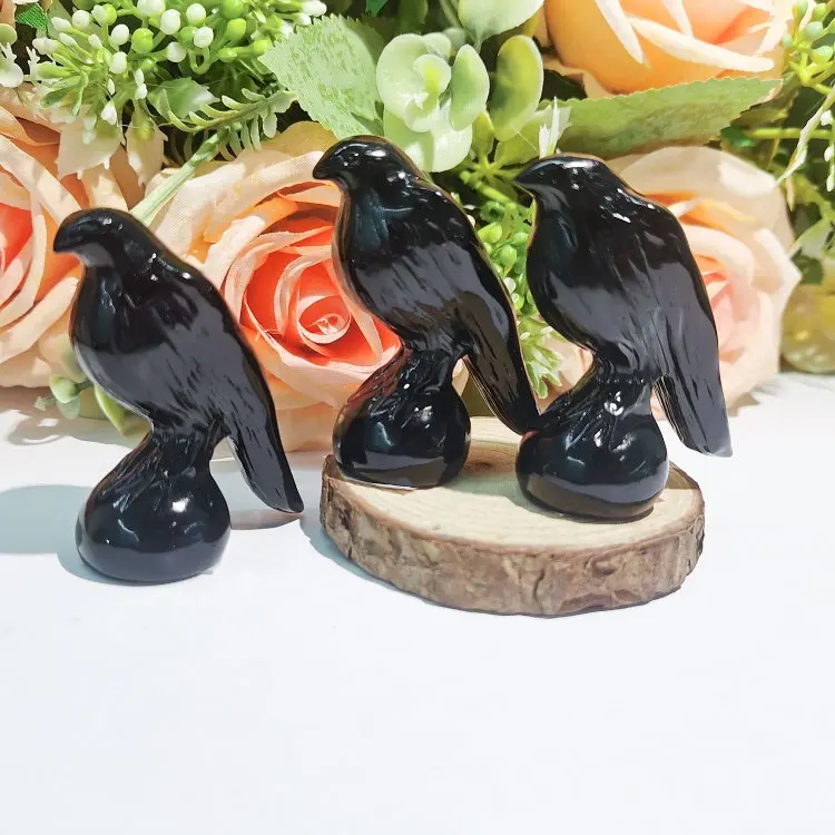 Groothandel Natuurlijke Zwarte Obsidiaan Raaf Handgemaakte Edelsteen Vogel Beeldjes Kristallen Dieren Houtsnijwerk