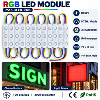 Module d'enseigne LED DC12V RGB, module de rétroéclairage 5050 3 LED, module IP65 75x15mm, adhésif au dos pour lettres lumineuses et enseignes de magasin