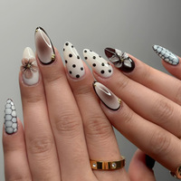 Faux ongles en amande à la française, design minimaliste avec pois et fleurs 3D, 24 pièces, couverture complète, amovibles et réutilisables
