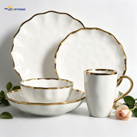 Service de table en porcelaine à bord doré, 20 pièces, jetable, résistant à la chaleur, compatible lave-vaisselle, style européen, kit d'ustensiles, pour la remise des diplômes