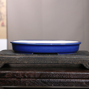 Pot à bonsaï japonais en céramique, ovale, peu profond, glaçure bleue, forme taille de tailleuse, pour plantes d'intérieur - Product Image 1