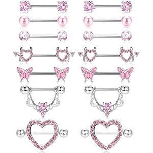 Vente en gros usine Bijoux de <span class=keywords><strong>piercing</strong></span> corporel sexy pour <span class=keywords><strong>femme</strong></span> en acier inoxydable avec zircon rose en forme de cœur et de lune, anneaux de <span class=keywords><strong>téton</strong></span> - Product Image 1