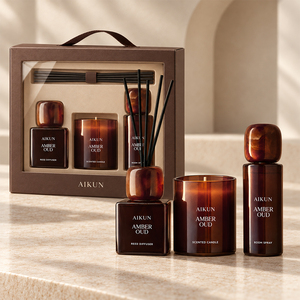 Aikun Brown Square Bottle <b>Glass</b> Home Fragrance Gift Set with Scented Candle Reed Diffuser Room Spray Carry Handle <b>Window</b> Box - Product Image 1