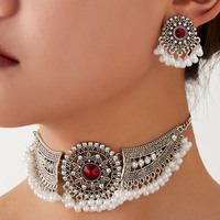 Ensemble de bijoux pour femmes, collier et boucles d'oreilles ethniques rétro exagérés, pampilles, collier ras du cou en cristal, collier indien à perles, cadeau