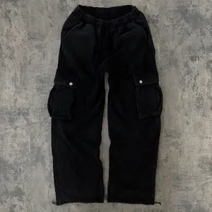 Manufacturer print logo design utility pocket straight leg french terry pants acid wash baggy cargo sweatpants