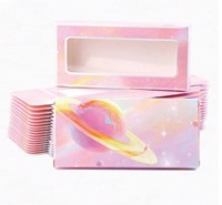 Boîte en papier rose de luxe personnalisée avec fenêtre en PVC transparente et bordure scintillante pour l'emballage des faux ongles et des faux cils, vente en gros