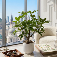 Plante artificielle en pot, mini bonsaï à feuilles vertes, faux arbre en pot avec pot texturé blanc, décoration de bureau, fausse verdure pour la maison
