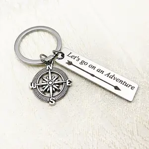 Let's go on an adventure keyring stainless steel keychain compass charm gift