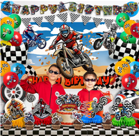 Fournitures pour fête d'anniversaire sur le thème des motos tout-terrain : bannière de fond, guirlandes, décorations de gâteaux, ballons imprimés, autocollants, centres de table