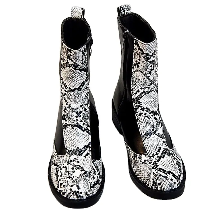 Snakeskin pattern Martin boots women's color matching PU side zipper mid-tube fashion casual women's boots