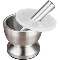 RVS mortier en stamper set met deksel, antislip bodem, heavy-duty kruiden- en knoflookmolen, duurzame kruidenvermaler voor de keuken