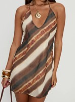 Robe mini à rayures marron pour femmes, col halter, col en V, sans manches, coupe trapèze, tenue décontractée d'été pour la plage