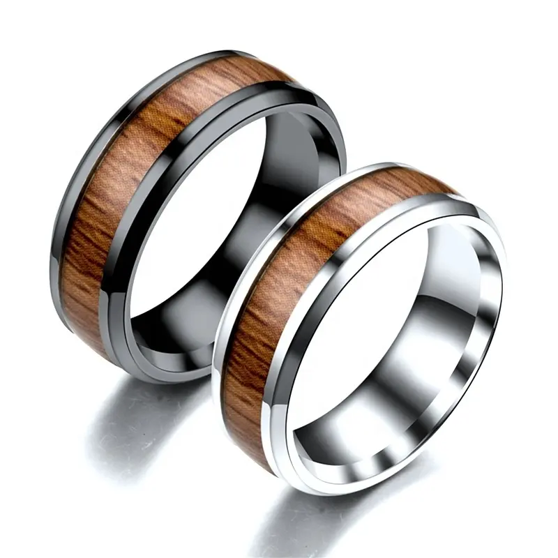 Anel de grão de madeira aço inoxidável, anel de titânio vintage, anel de carboneto de tungstênio para homens