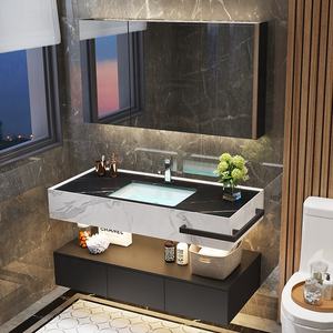 Vasque de salle de bain en pierre de roche avec combinaison de lavabo, style luxueux moderne, double vasque de 60 pouces et miroir avec rangement - Product Image 4