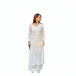 Kurti de Diseño Formal en Algodón Maslin con Bordado y Pantalón Palazzo Blanco para Mujer - Product Image 2