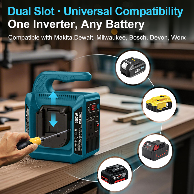 All One MPPT Lithium Battery 550W Pure Sine Wave Inverter Use 18V-21V Tool Battery Dual Input DC Solar Ready