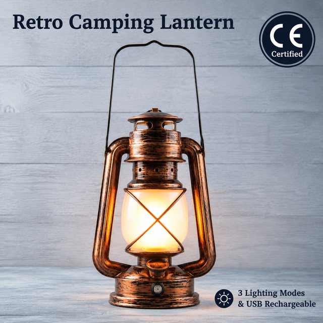 Rechargeable LED Flame Camping Lantern Retro Style Portable Light with IP20 Rating and USB Charging for Outdoor and Indoor Use