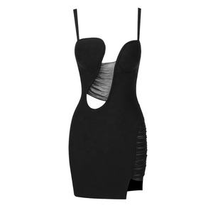 Модное облегающее платье без рукавов черного цвета с вырезами и сеткой - Product Image 2