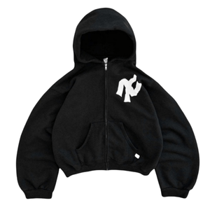 Sudadera con capucha para hombre, estilo streetwear negro, con diseño de logo, personalizada, de forro polar desgastado, oversize, de peso pesado, con cremallera y lavado ácido. - Product Image 1